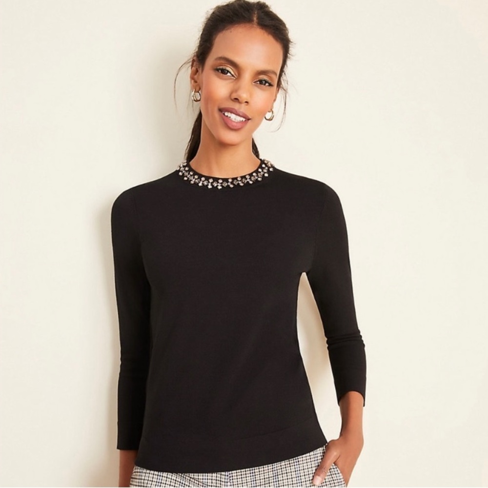 Ann Taylor beautiful bejeweled neckline 3/4 sleeve sweater back slit closure